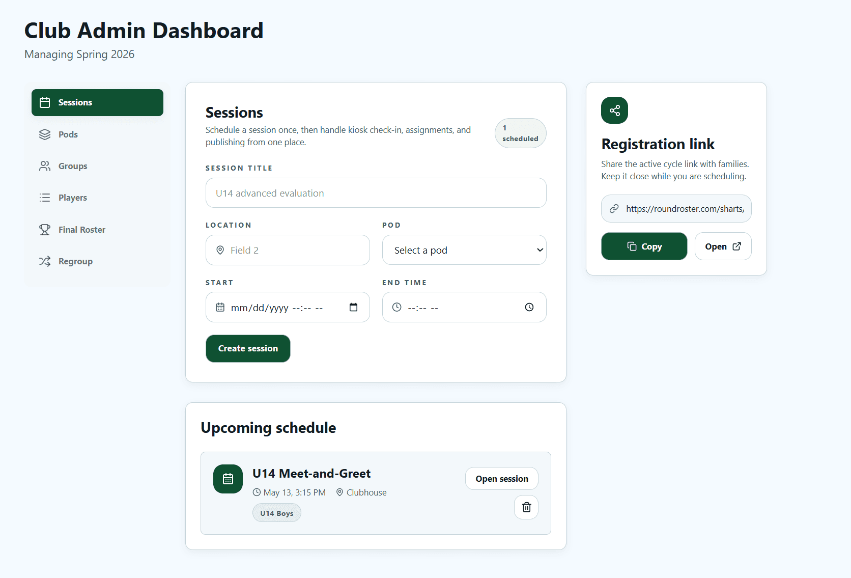 RoundRoster club admin dashboard